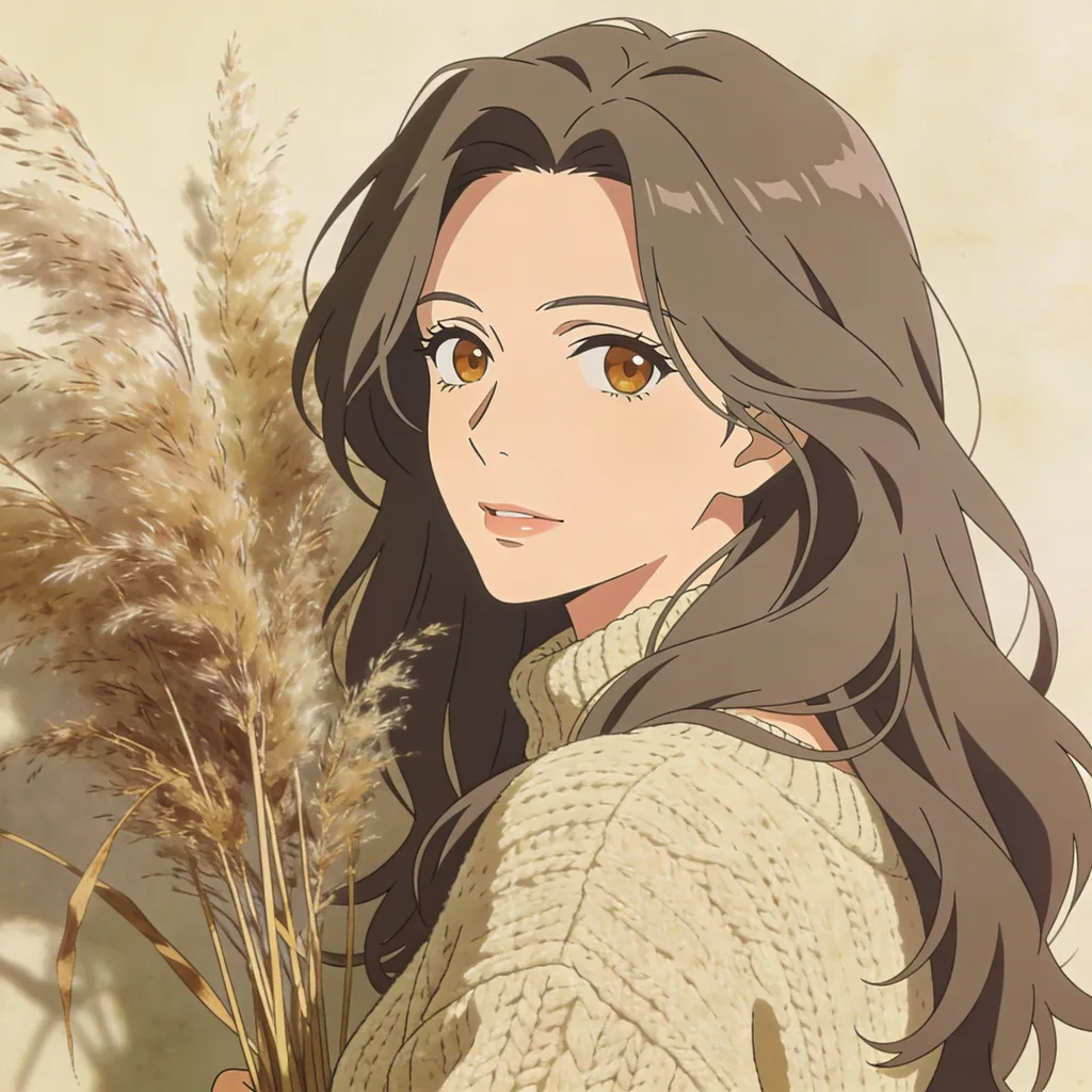 Aesthetic anime character with ash-brown hair and beige knit among pampas grass, earthy tones