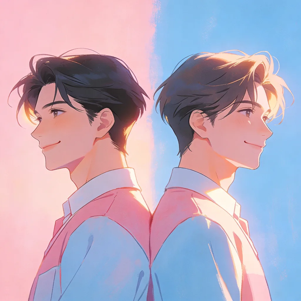 Aesthetic anime couple PFP with pink-blue color split, matching outfits, warm backlight