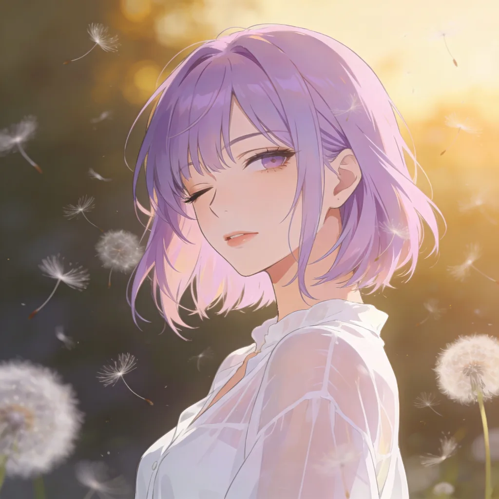 Aesthetic anime character with lilac hair and white blouse in golden-hour haze with dandelion seeds