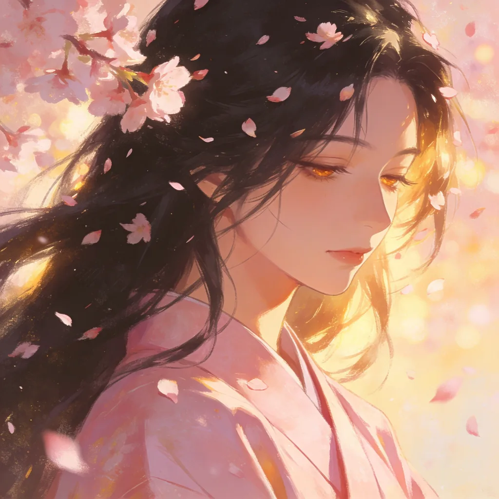 Aesthetic anime character in pale pink kimono with cherry blossom petals and golden-hour light