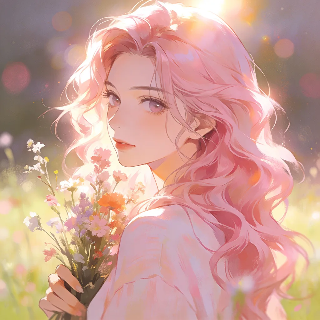 Aesthetic anime character with pink waves holding wildflowers in a sunlit meadow