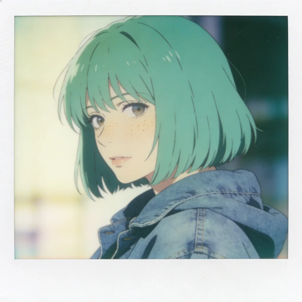 Aesthetic anime character with seafoam bob and denim jacket, faded vintage teal-cream palette