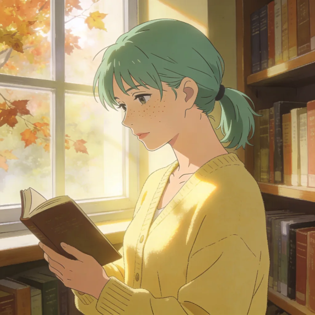 Aesthetic anime character with seafoam ponytail and yellow cardigan in autumn library light