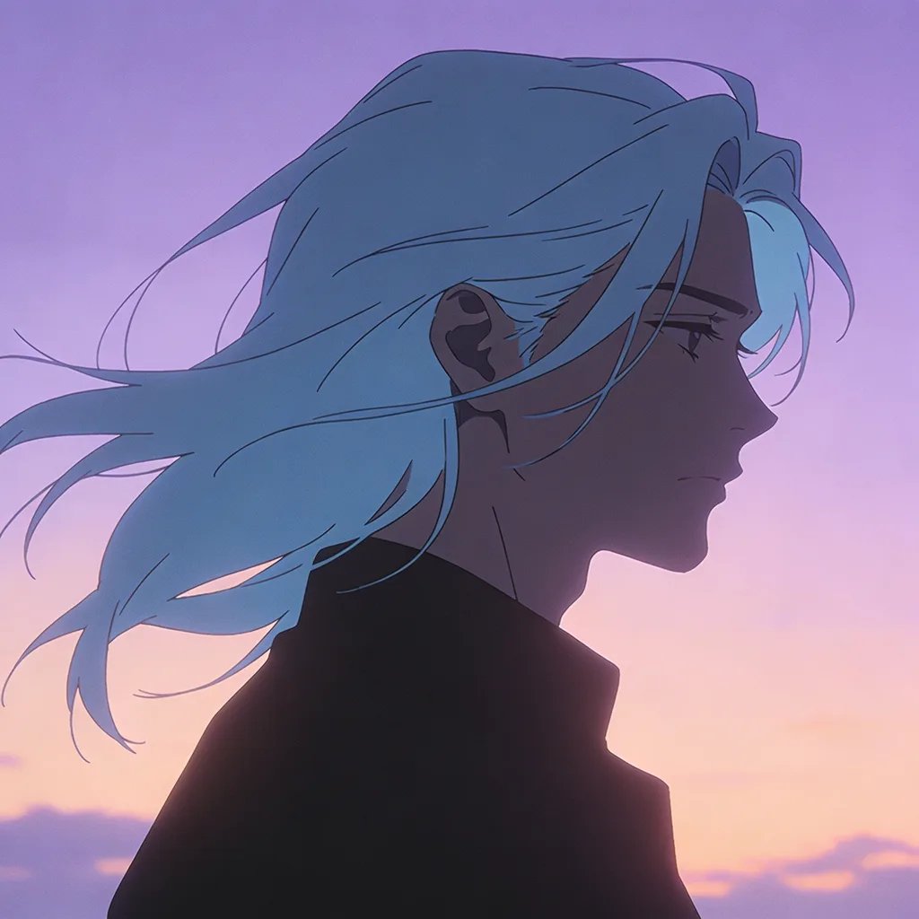 Aesthetic anime portrait at violet-peach sunset, light blue hair, lo-fi anime mood