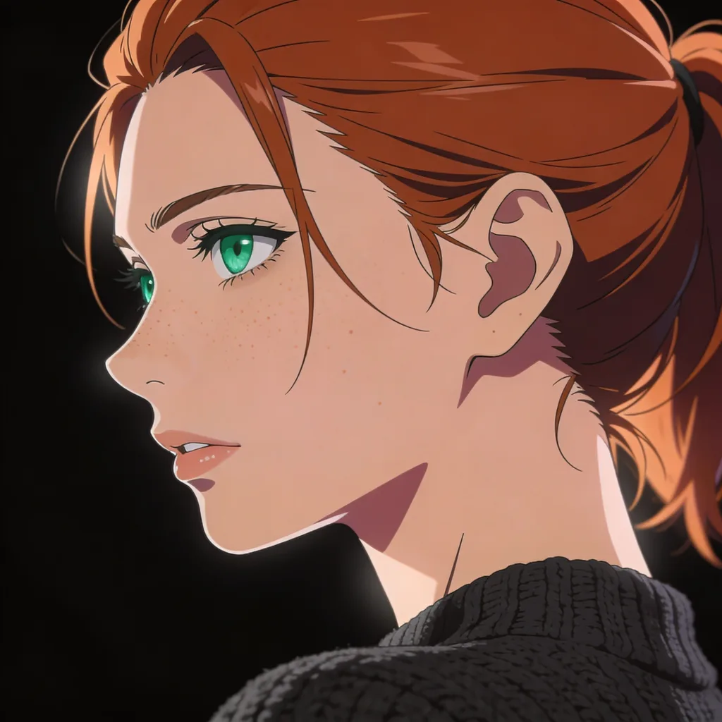 Cinematic anime portrait with auburn hair and emerald eyes, dramatic key light on black