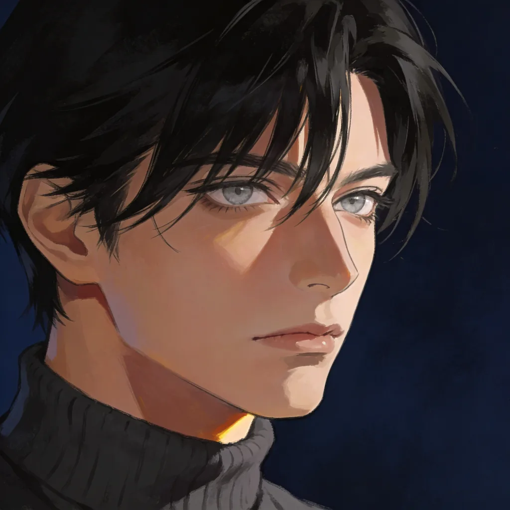 Cinematic anime portrait with black hair, grey eyes, turtleneck, Rembrandt light