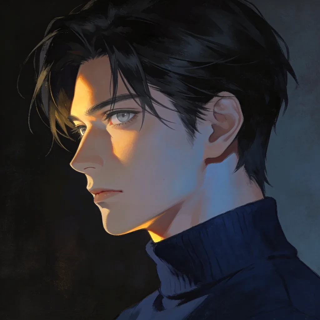 Cinematic anime portrait with jet-black hair and grey eyes in a navy turtleneck, Rembrandt light