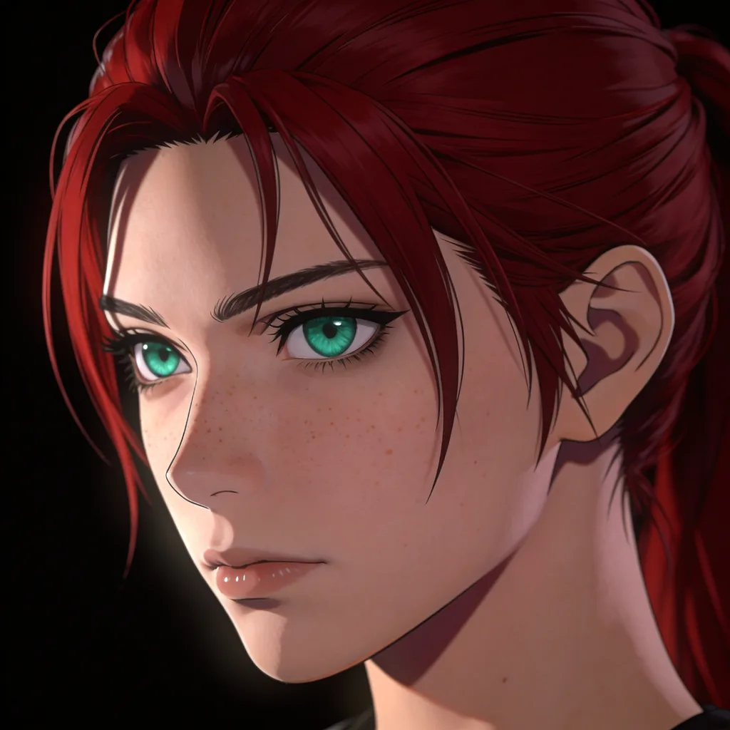 Cinematic anime portrait with red hair, emerald eyes, dramatic key lighting on black background