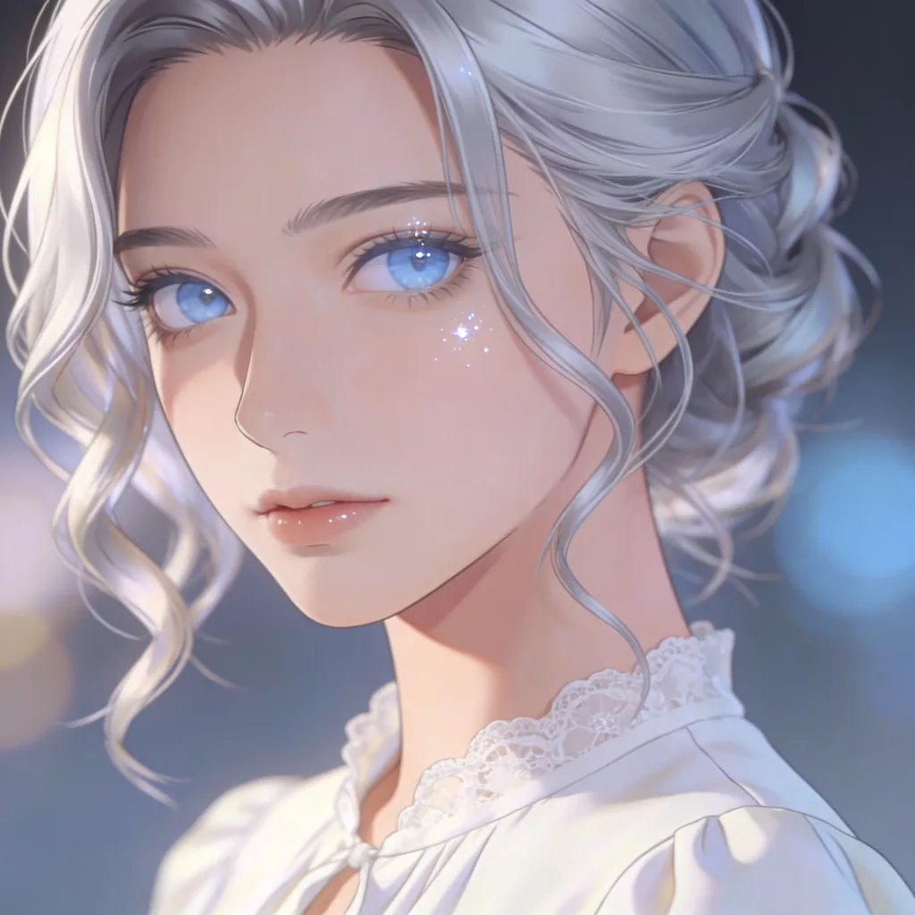Cinematic anime portrait with silver hair and pale blue eyes in an ivory blouse, soft side light