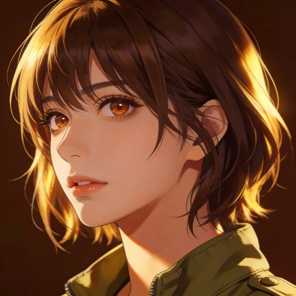 Cinematic anime portrait with warm brown hair and hazel eyes in an olive jacket, golden light