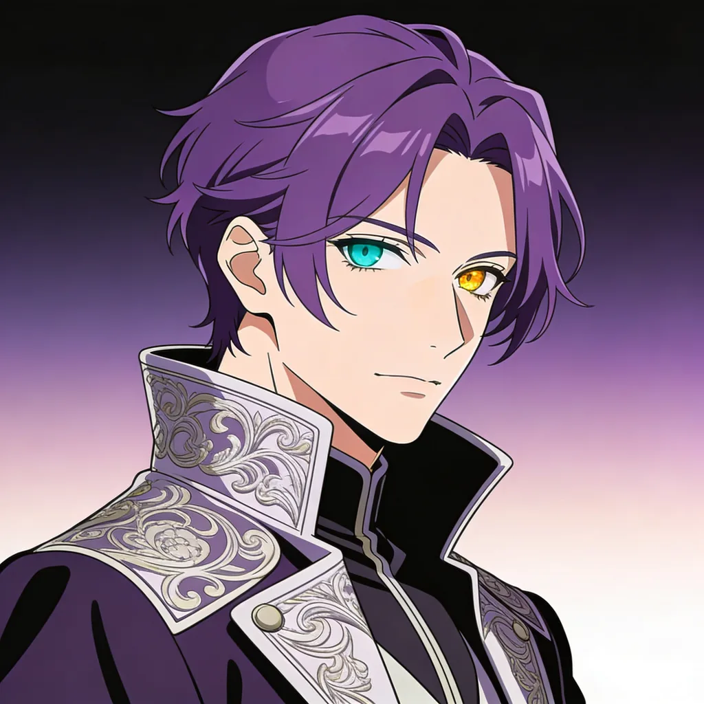 Anime character with violet hair, heterochromia and an ornate high-collar coat on a gradient