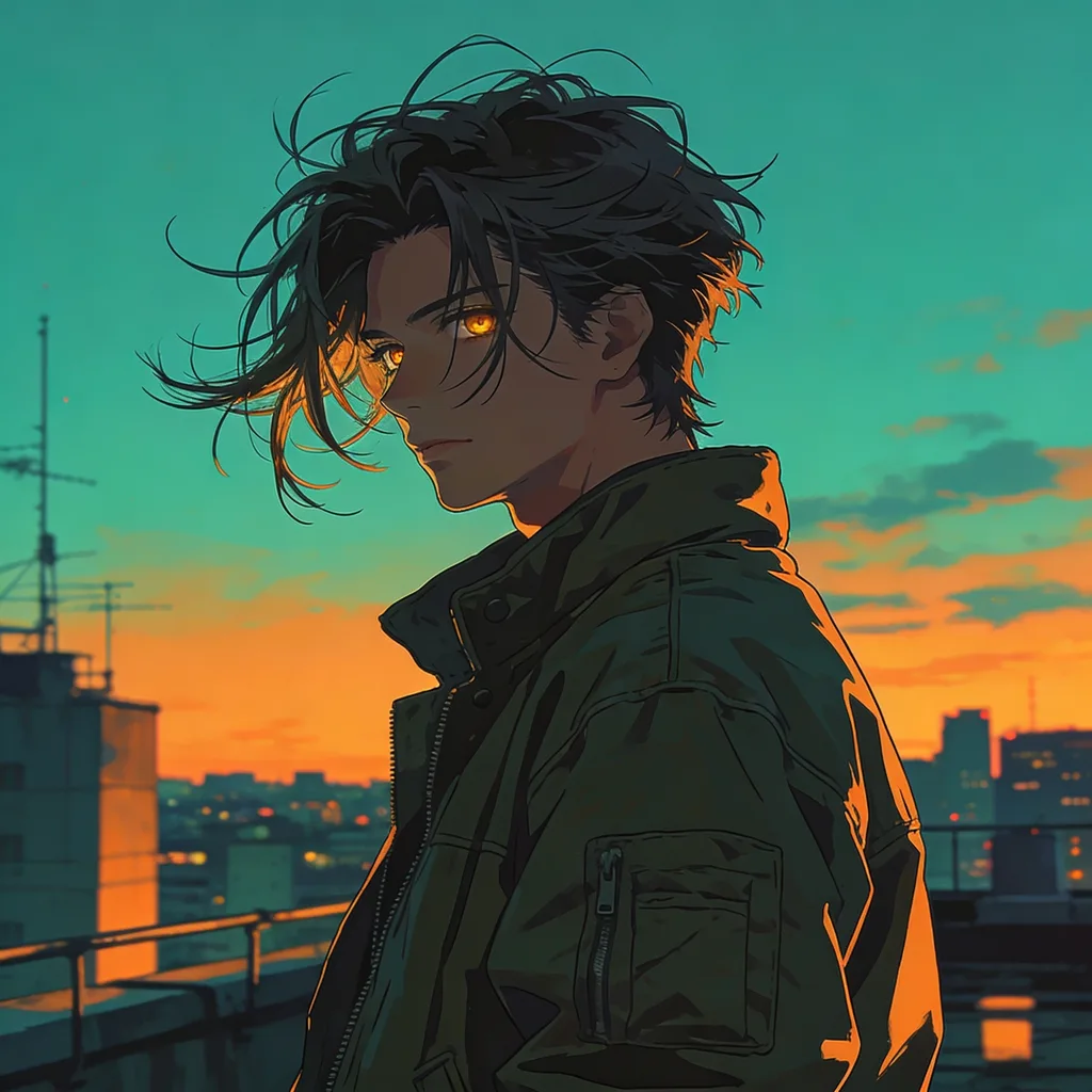 Cool anime character with charcoal hair and bomber jacket on a rooftop at dusk