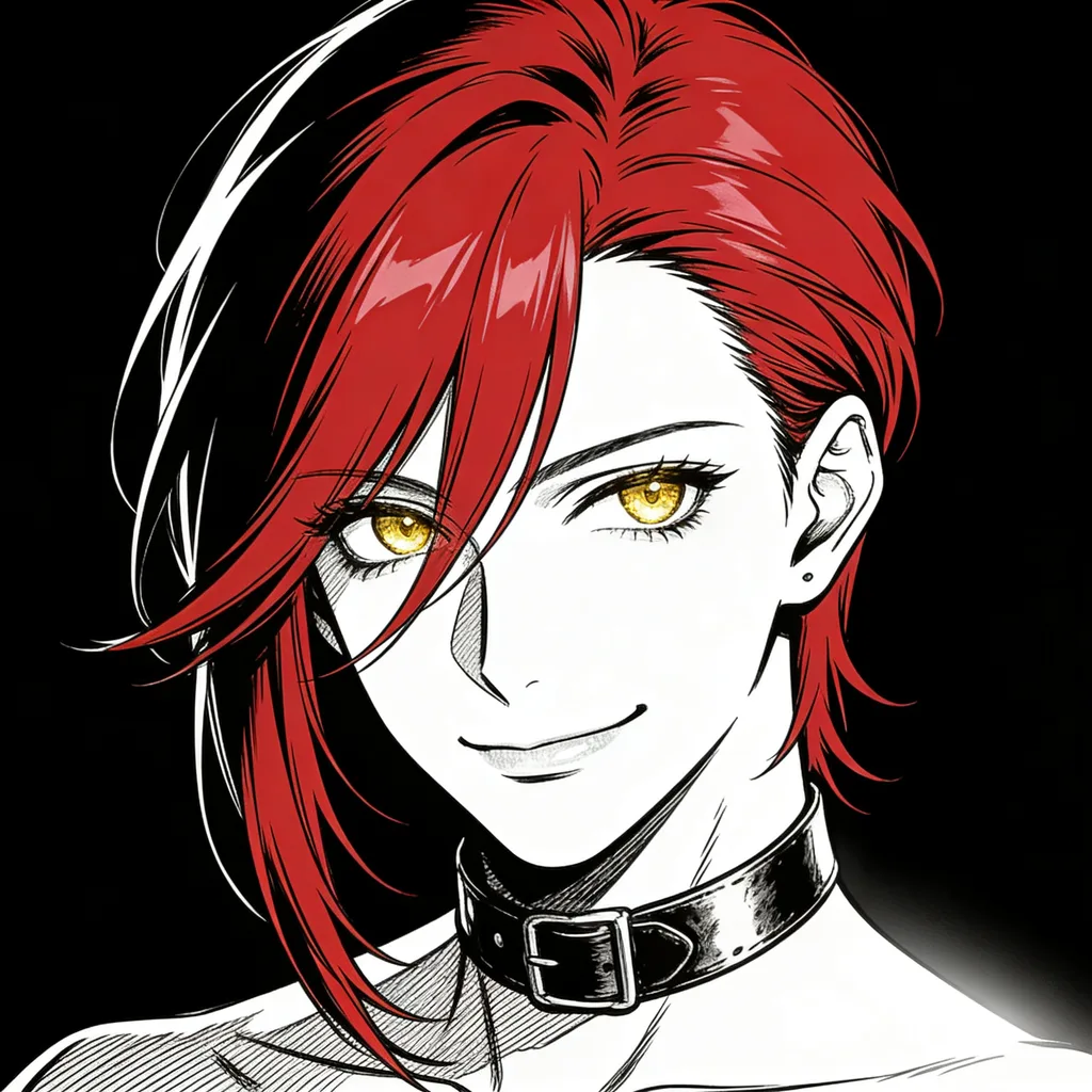 Cool anime character with crimson hair, golden eyes and leather choker in dramatic spotlight
