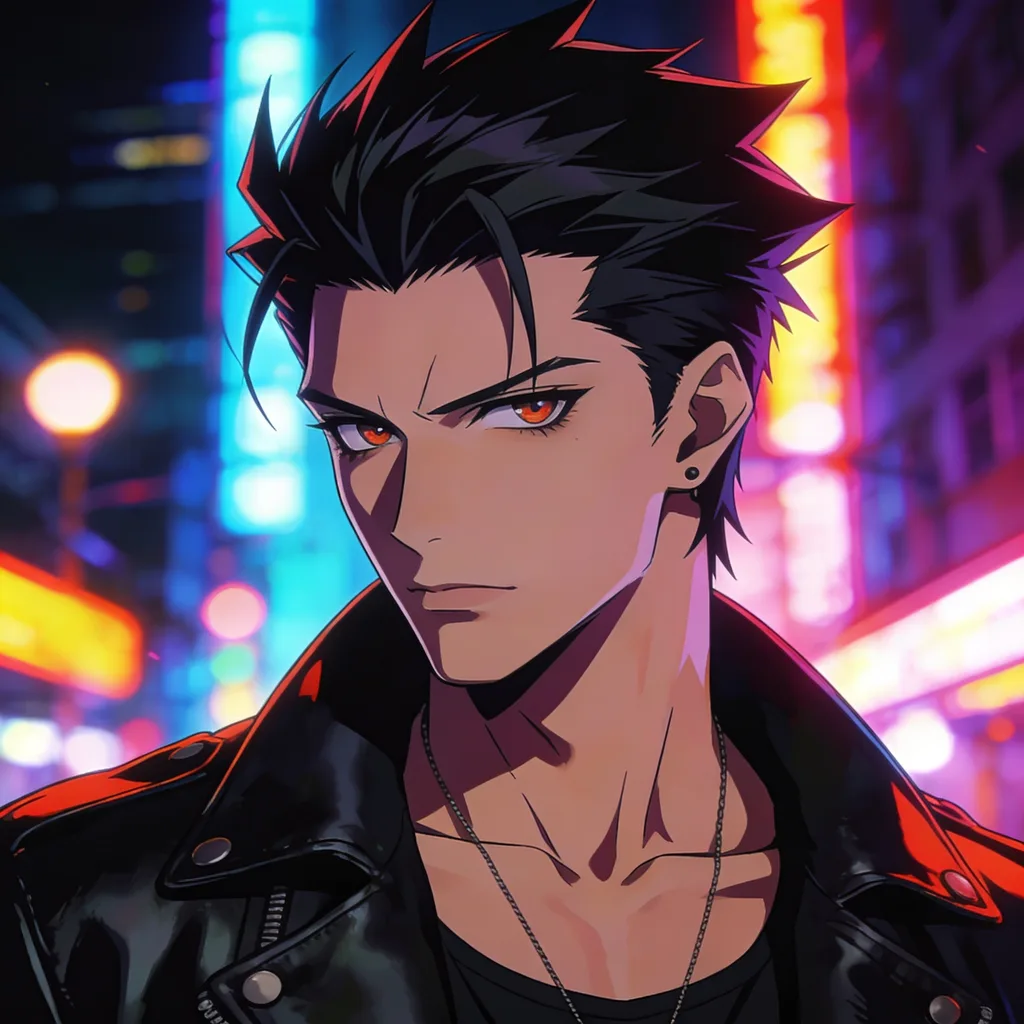 Photo restyled into cool anime — dark hair, sharp features, leather jacket, neon urban
