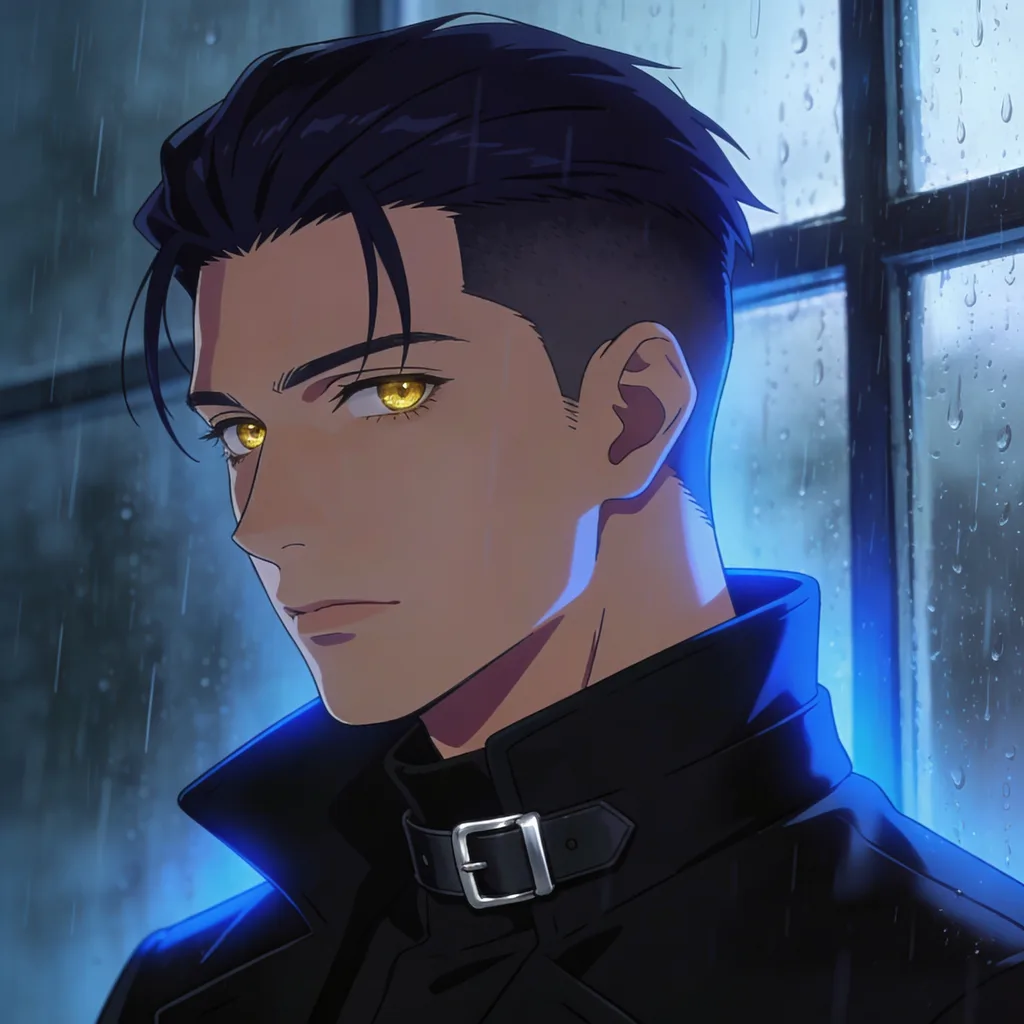 Cool anime character with navy undercut, golden eyes, high-collar coat, rainy cinematic portrait