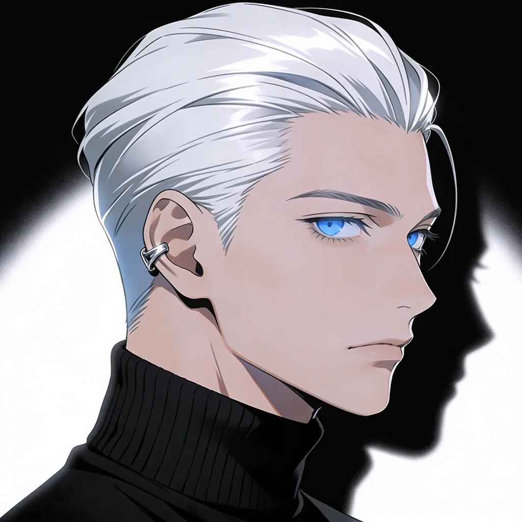 Cool anime character with platinum hair, icy blue eyes and a black turtleneck, hard rim light