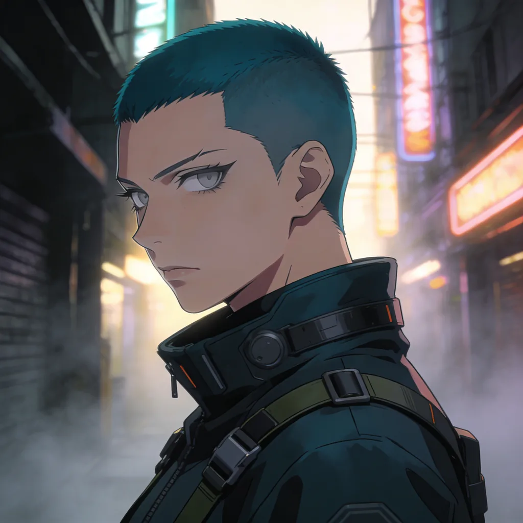Cool anime character with teal undercut and techwear in a foggy neon alley