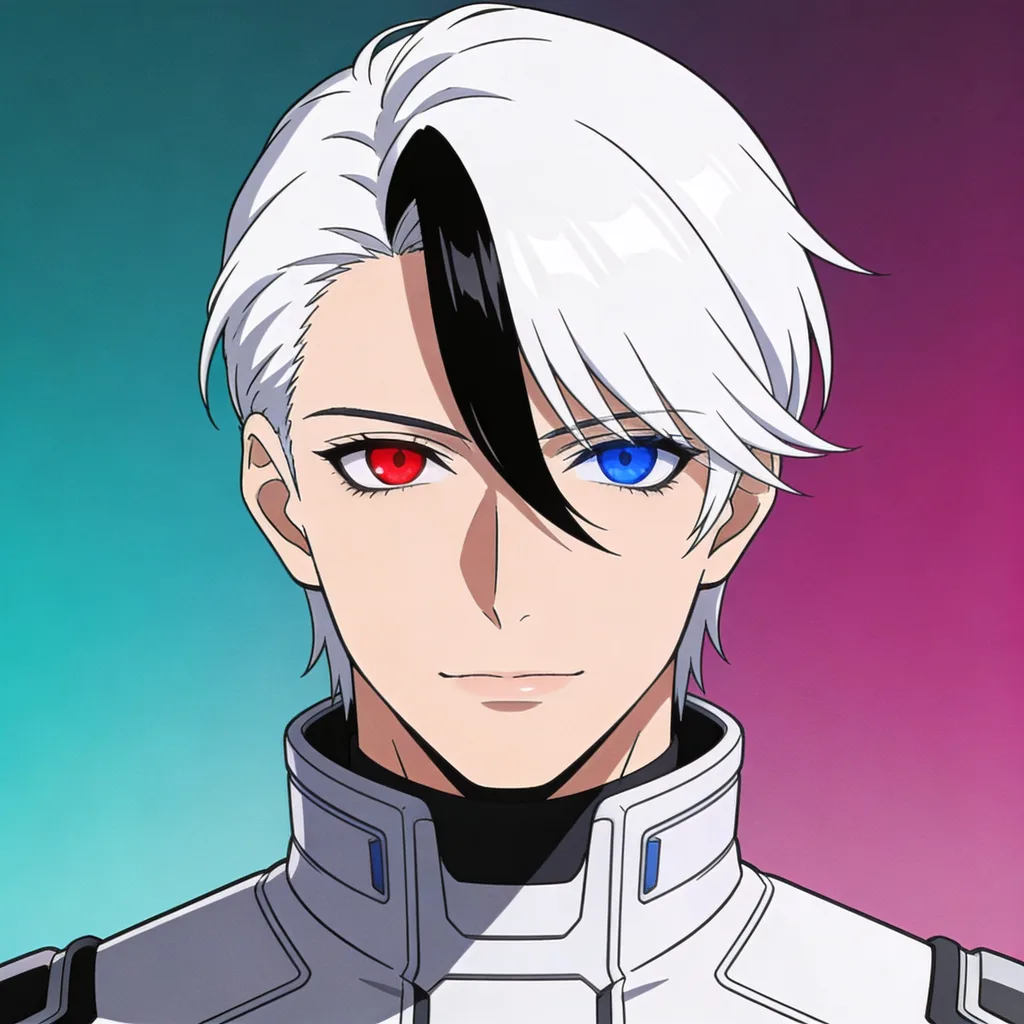 Cool anime character with white hair, heterochromia, futuristic uniform, gradient backdrop