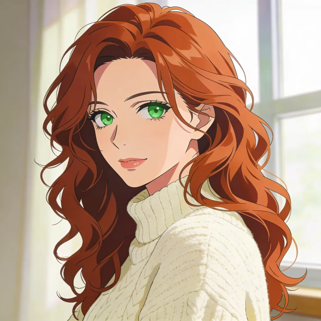 Photo restyled into anime — auburn waves, green eyes, cream sweater, soft window light