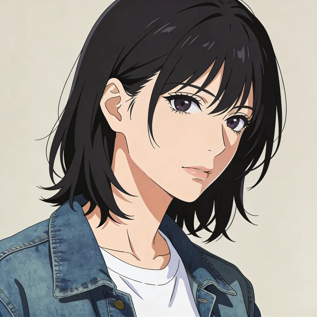 Photo restyled into anime — black hair, denim jacket, neutral background, realistic anime