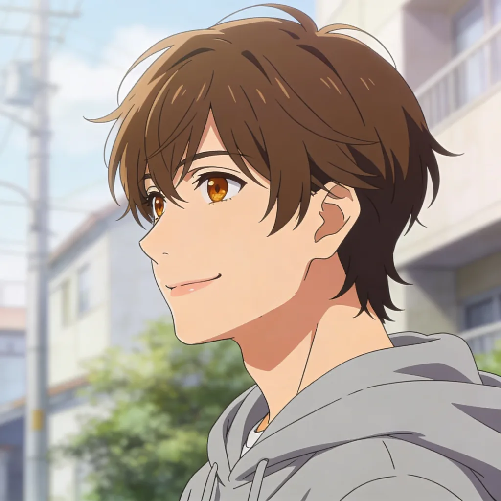 Photo restyled into anime — brown hair, hazel eyes, grey hoodie, soft daylight, clean line art