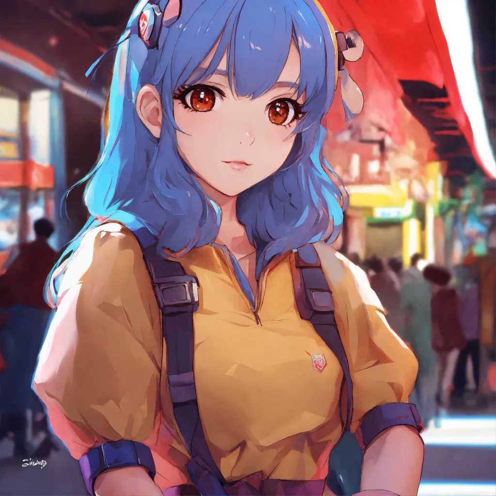 Cute anime character with blue hair and amber eyes in a yellow top on a colorful market street