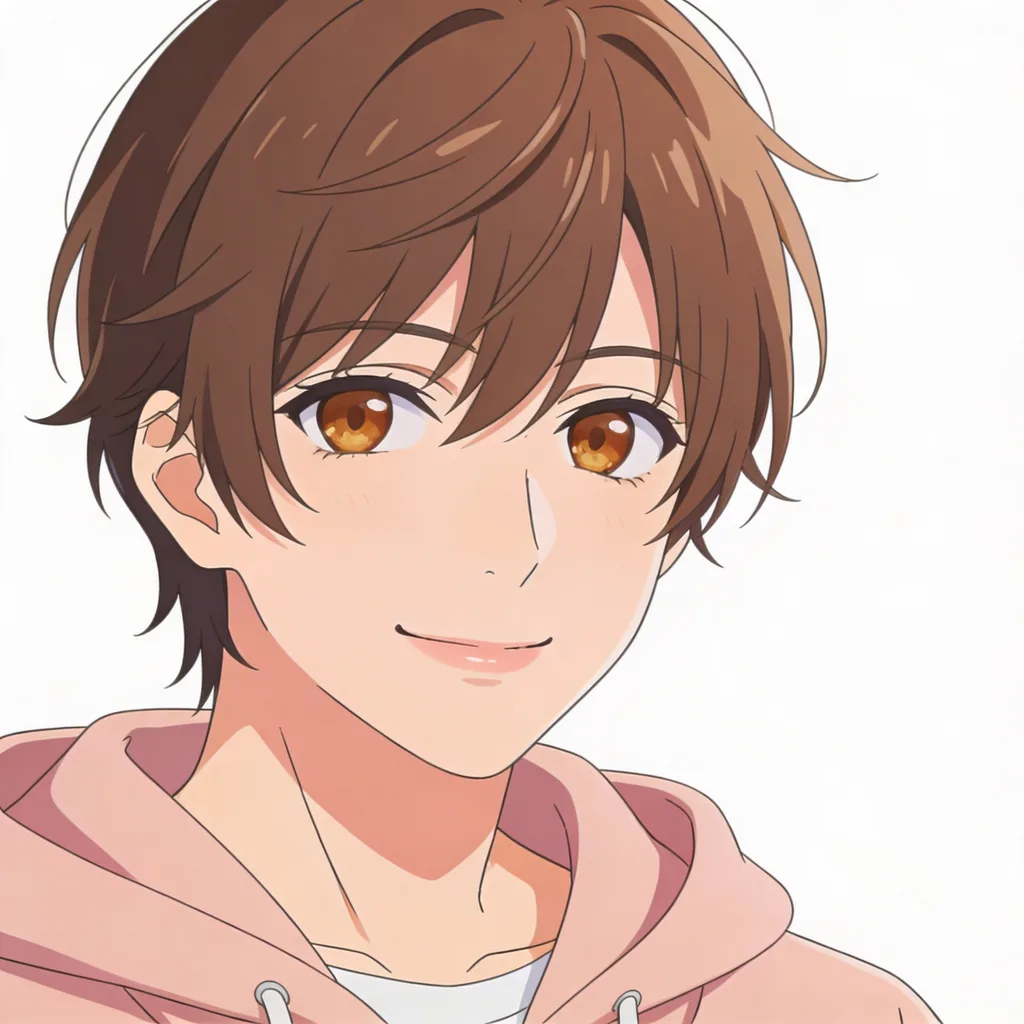 Photo restyled into cute anime — brown hair, hazel eyes, casual hoodie, slice-of-life