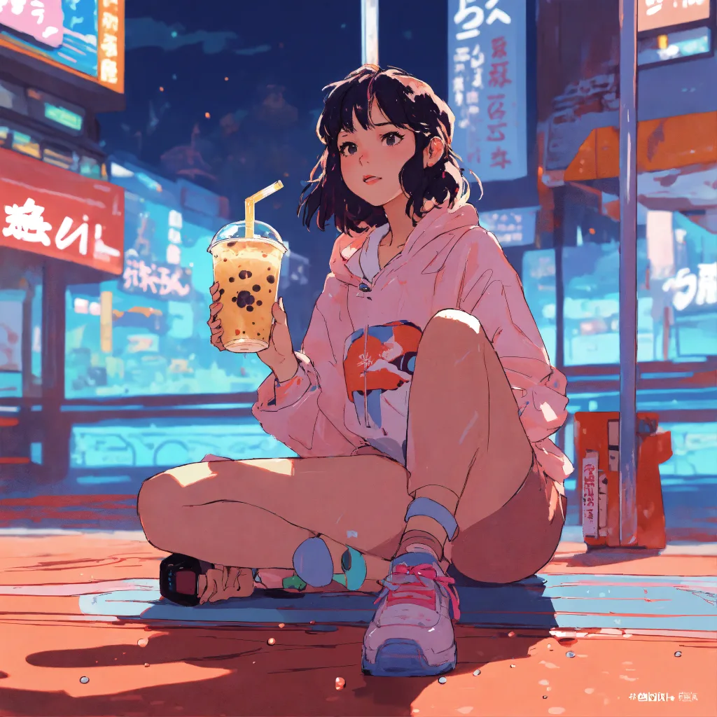Cute anime character with bubble tea in an oversized pink hoodie on a neon Tokyo street at night