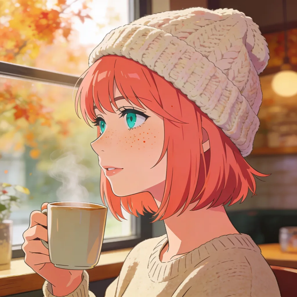 Cute anime character with coral bob, freckles and a beanie holding a mug by a cafe window