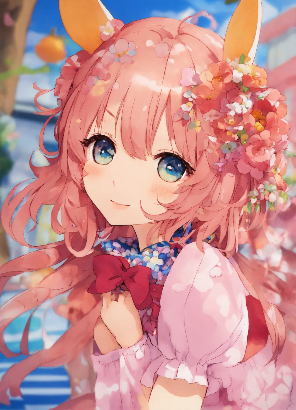 Cute anime character with curly pink hair, a flower crown and a ruffled pink dress among blossoms