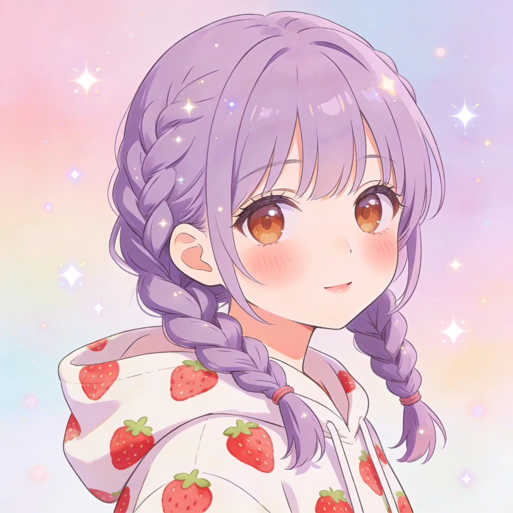 Cute anime character with lavender braids and hazel eyes in a strawberry-print hoodie