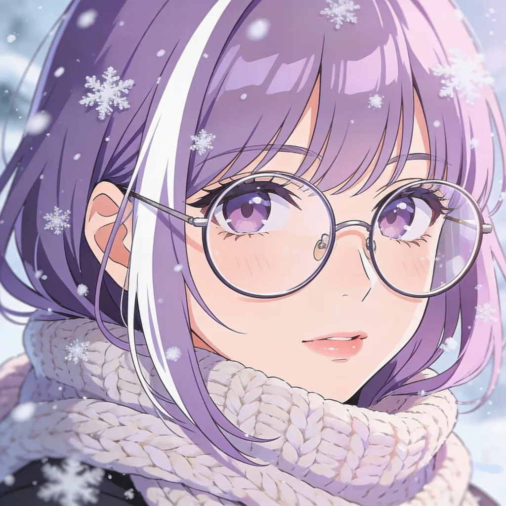 Cute anime character with lavender hair, round glasses and knit scarf in snowfall