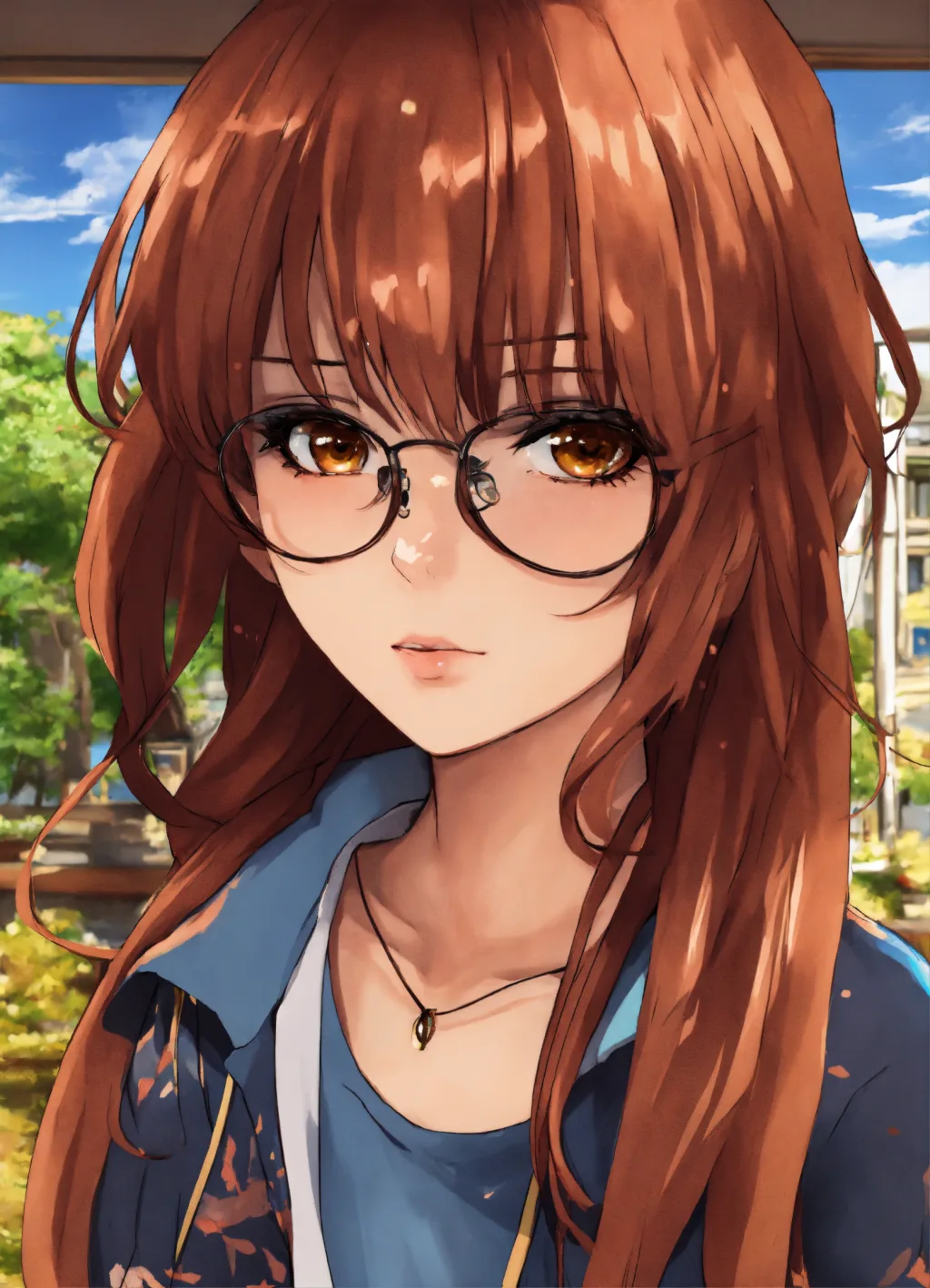 Cute anime character with long auburn hair and round glasses in a denim jacket on a sunny day