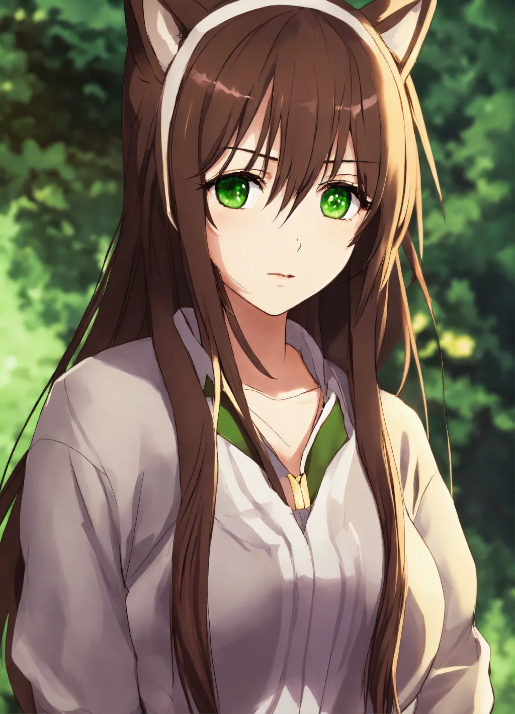 Cute anime character with long brown hair, green eyes and a cat-ear headband in a sunlit forest