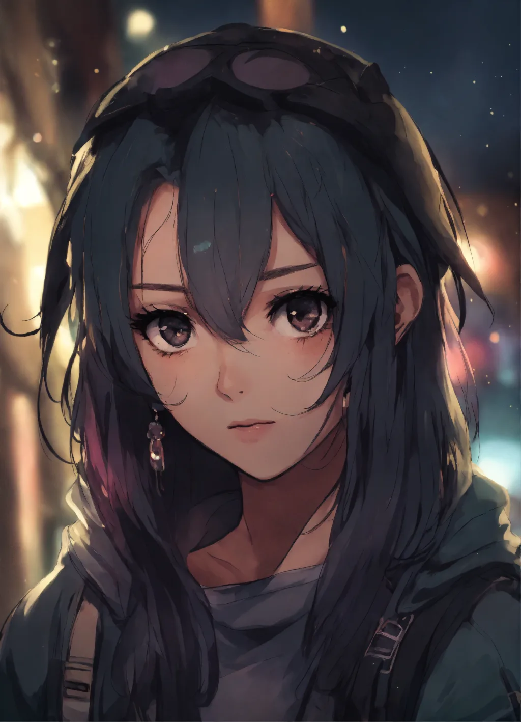 Cute anime character with long dark hair, goggles on head and a scarf against warm night bokeh