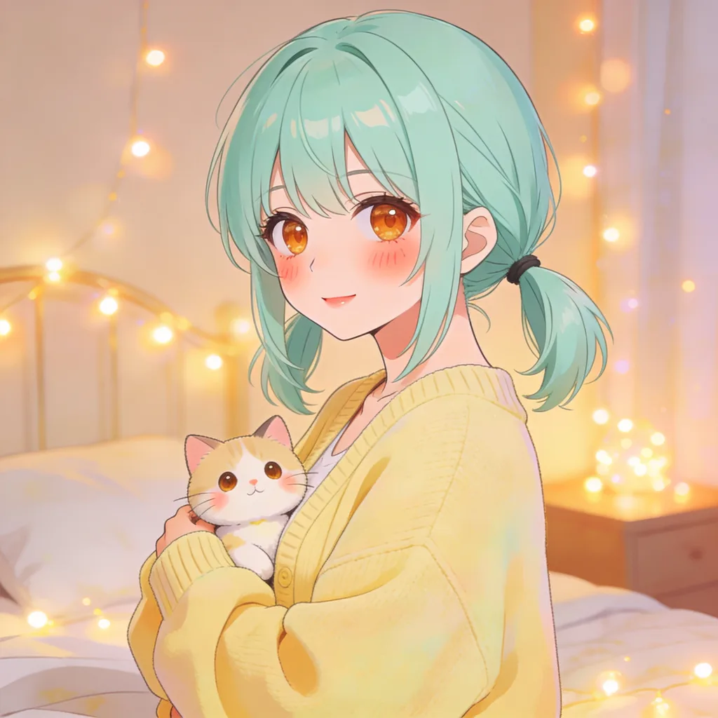 Cute anime character with mint pigtails and amber eyes in a pastel cardigan holding a cat plush