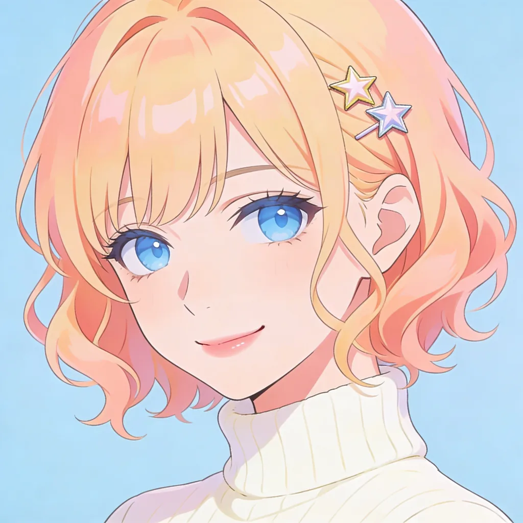 Cute anime character with peach-blonde waves, star hairclips and sky-blue eyes on pastel blue
