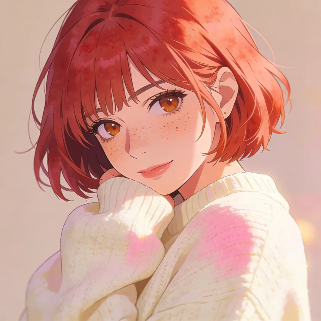 Cute anime character with strawberry-blonde bob, freckles, cream sweater, slice-of-life style