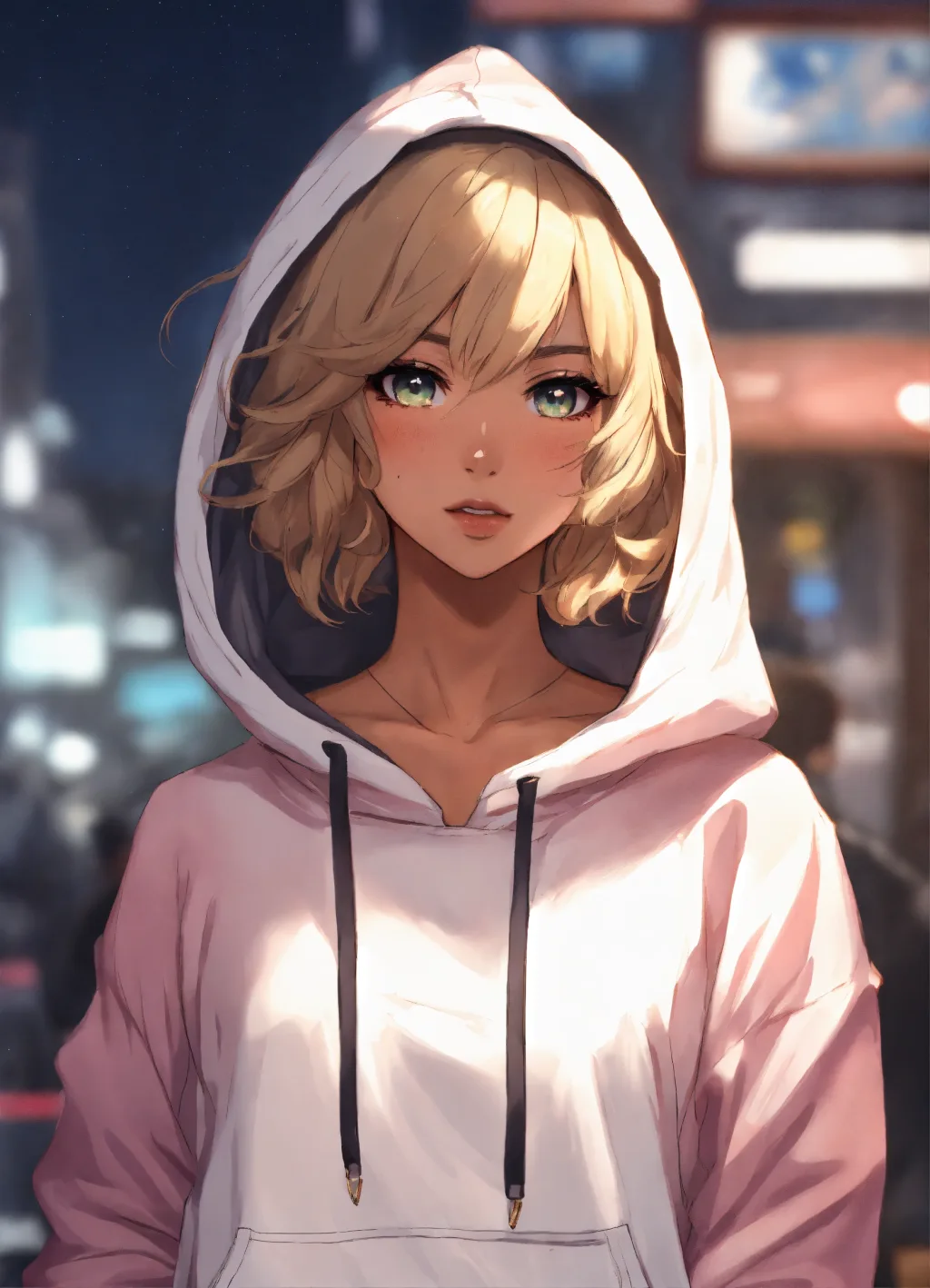 Cute anime character with wavy blonde hair and green eyes in a white hoodie, hood up, at night