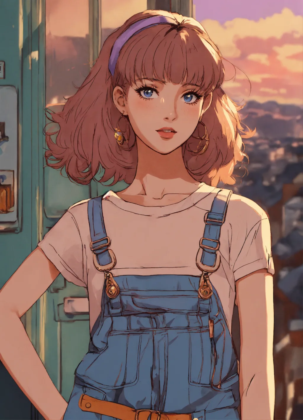 Retro cute anime character in denim overalls and a purple headband at golden-hour sunset