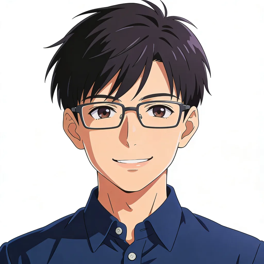 Photo restyled into anime — short dark hair, glasses, navy shirt, plain studio, clean conversion
