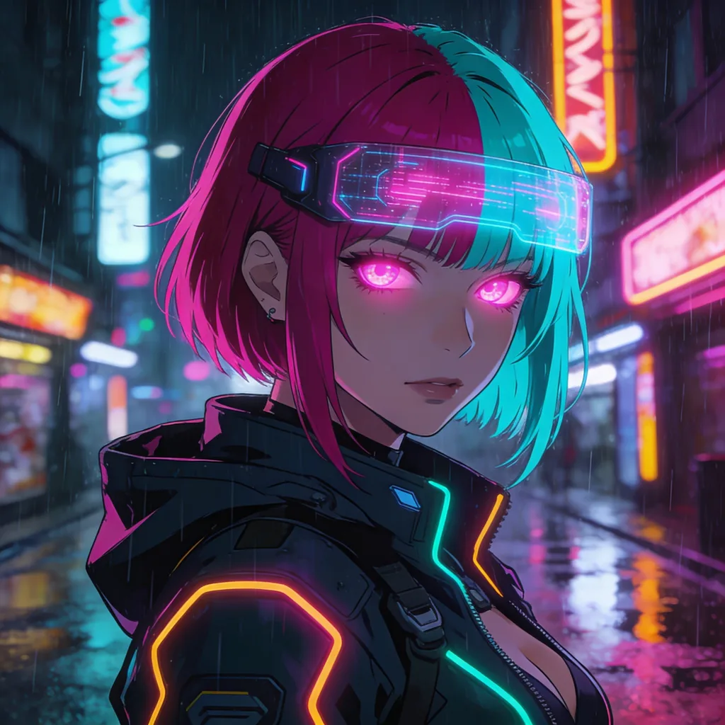 Cyberpunk anime character with magenta-cyan split hair, neon Tokyo alley background