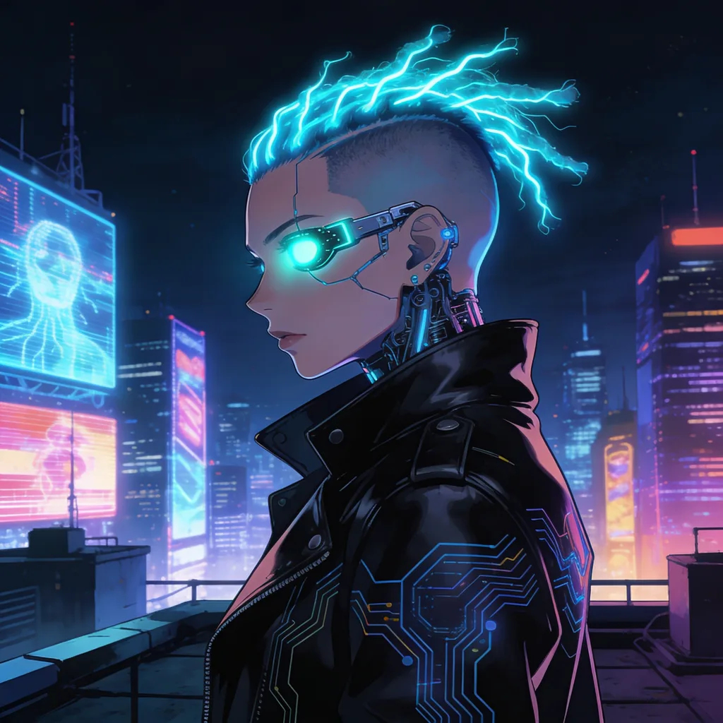 Cyberpunk anime character with neon-blue undercut, cybernetic eye, rooftop neon skyline