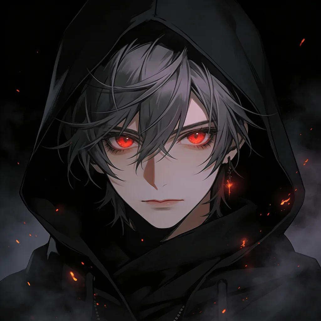 Dark anime character with ash-grey hair and crimson eyes in a black hood amid embers