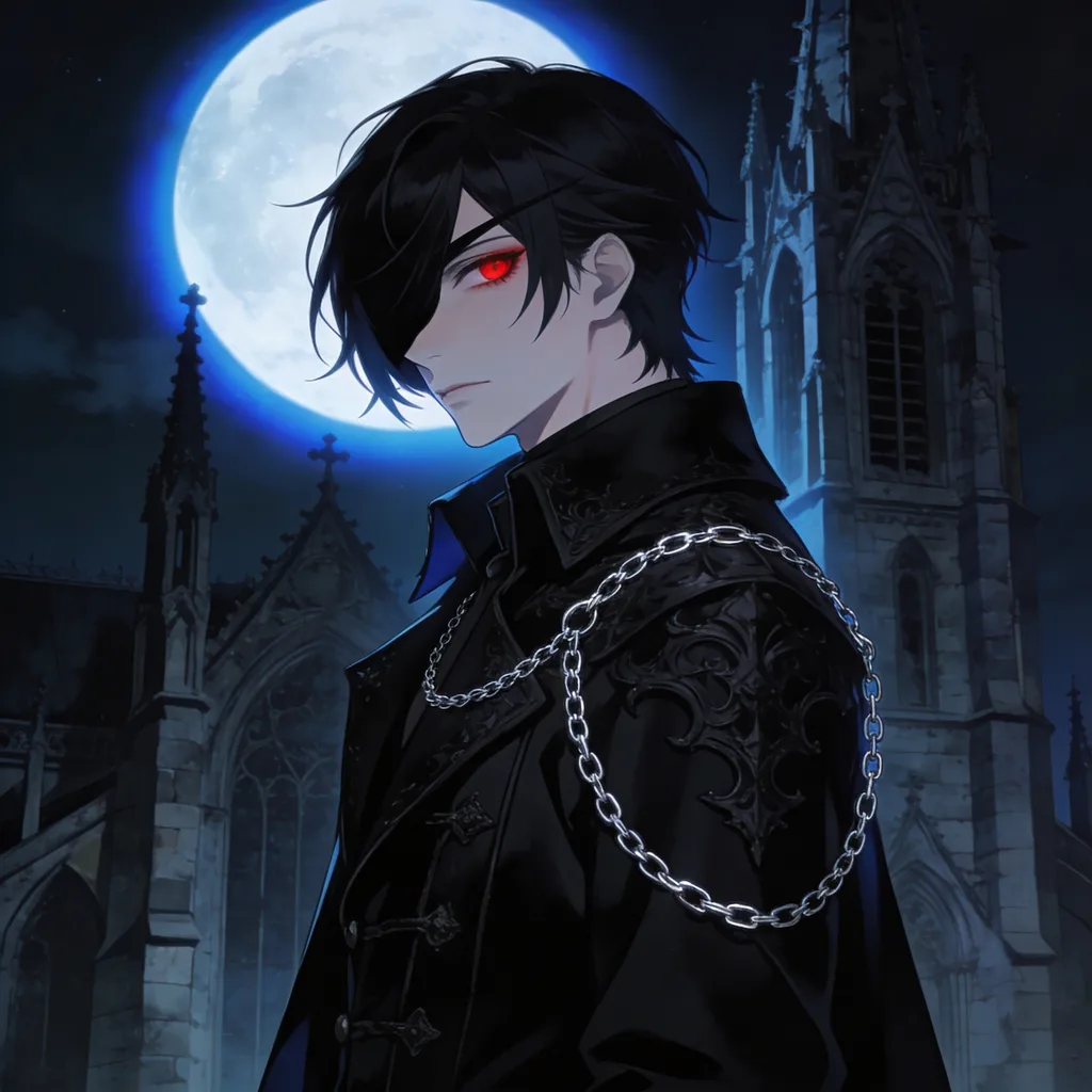 Dark anime character with black hair, crimson eye, gothic coat, moonlit cathedral backdrop