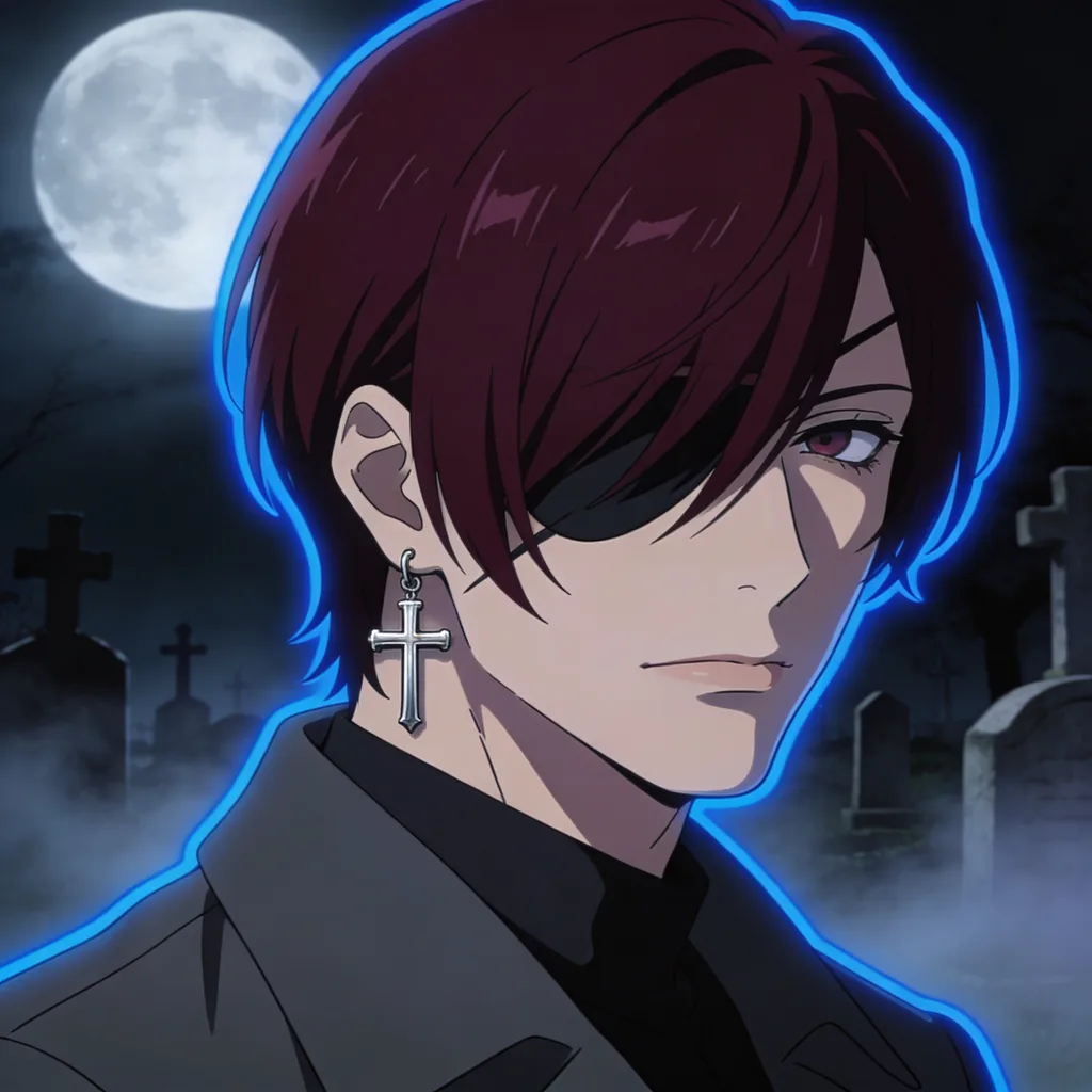 Dark anime character with burgundy hair and silver earring in moonlit graveyard fog