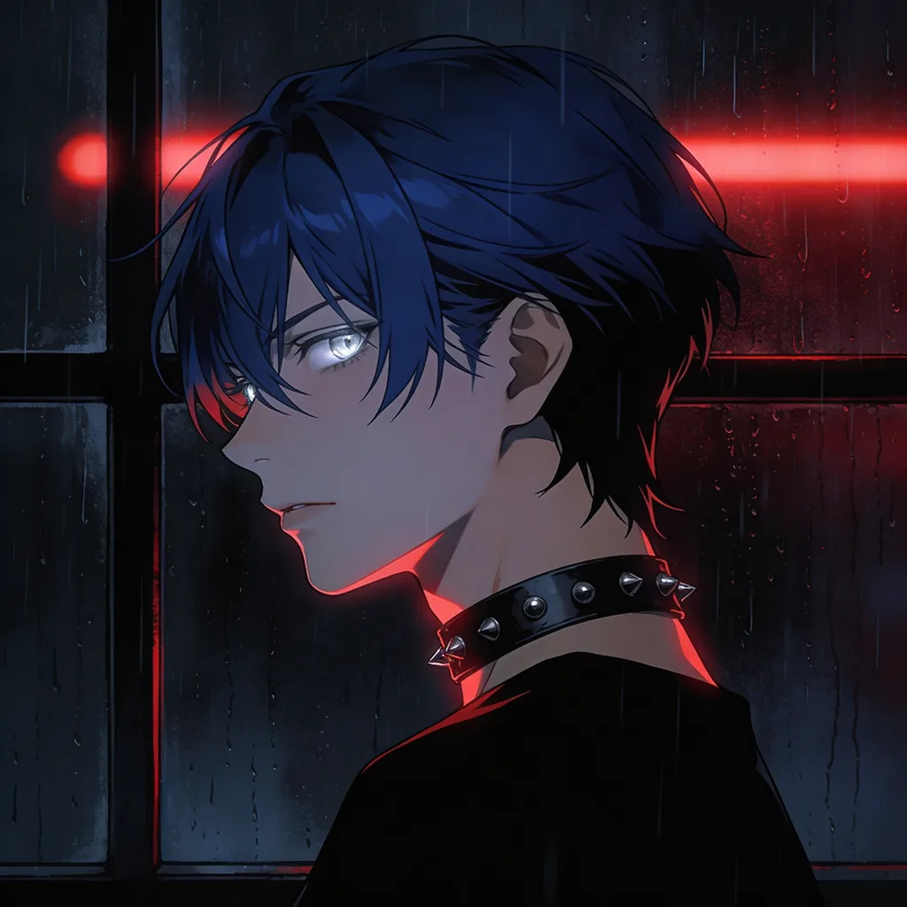 Dark anime character with midnight-blue hair and silver eyes by a rain-streaked red-neon window