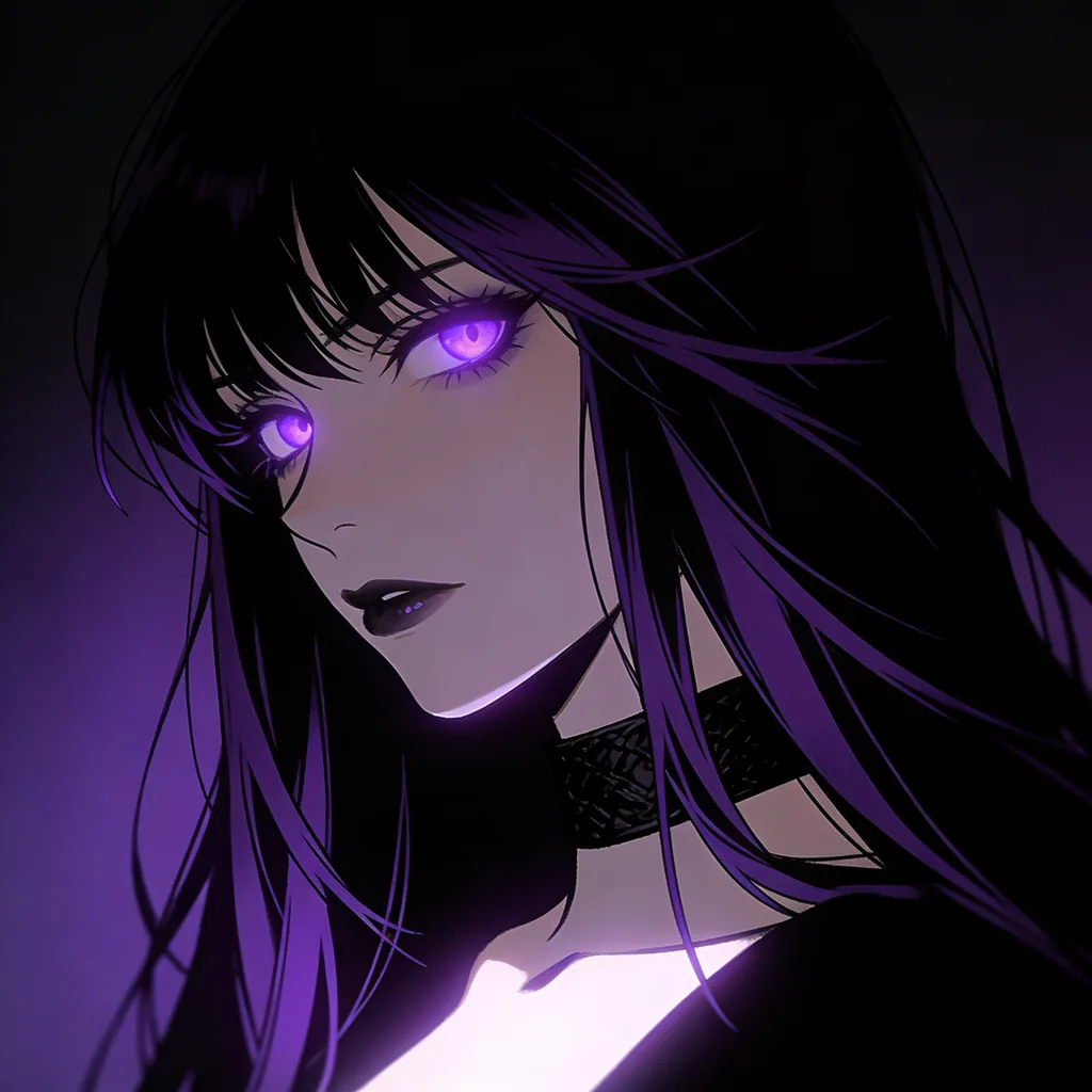 Dark anime character with purple hair, glowing violet eyes, black choker, gothic style