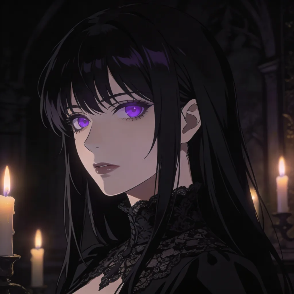Dark anime character with raven hair and violet eyes in a lace high-collar dress, candlelit gothic