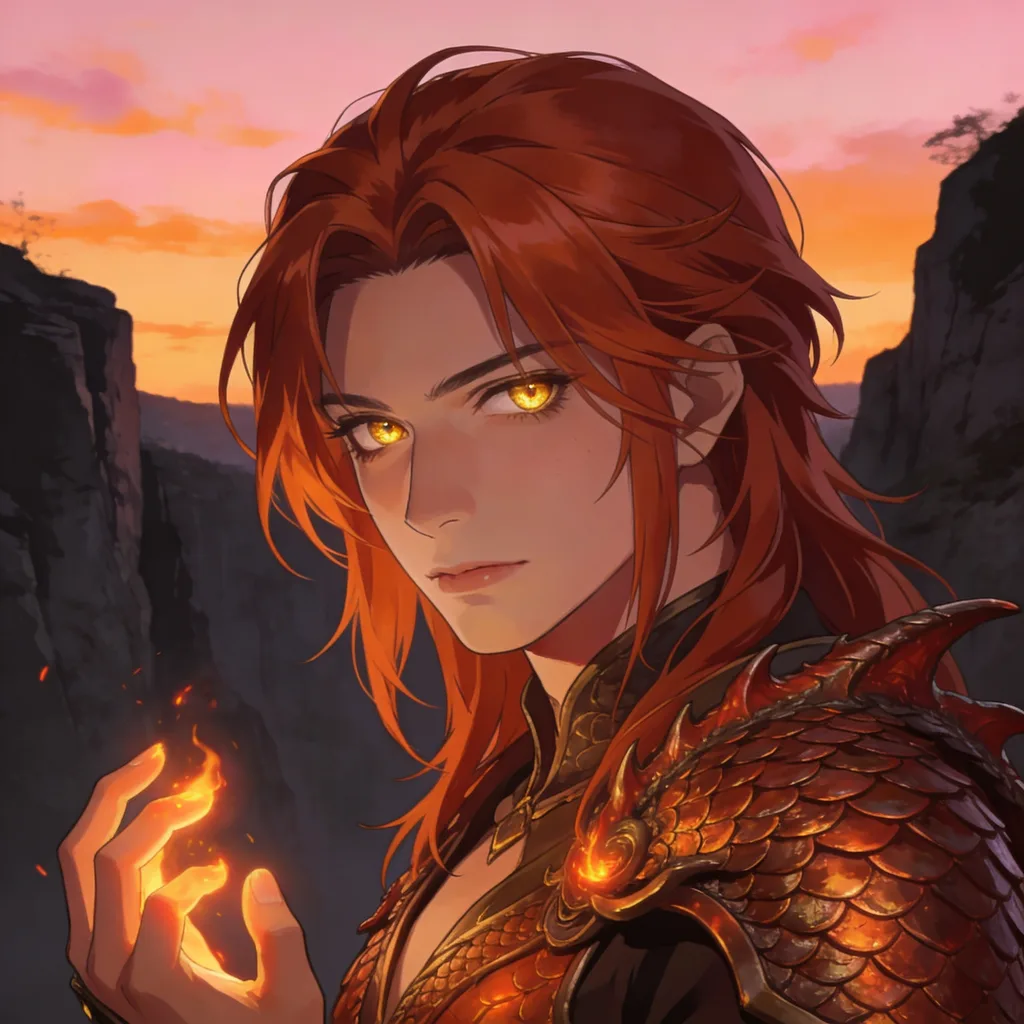 Fantasy anime character with copper hair and dragon-scale pauldron, flame glow at dusk
